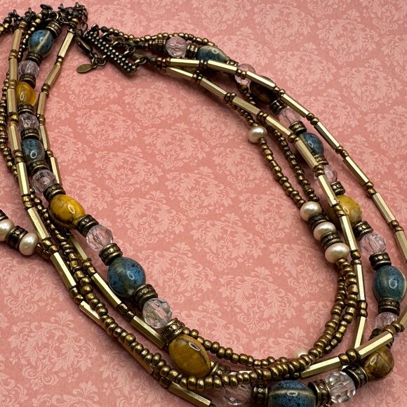 Vintage Premier Designs 5 strand gold tones and glass beads necklace. - Picture 4 of 8